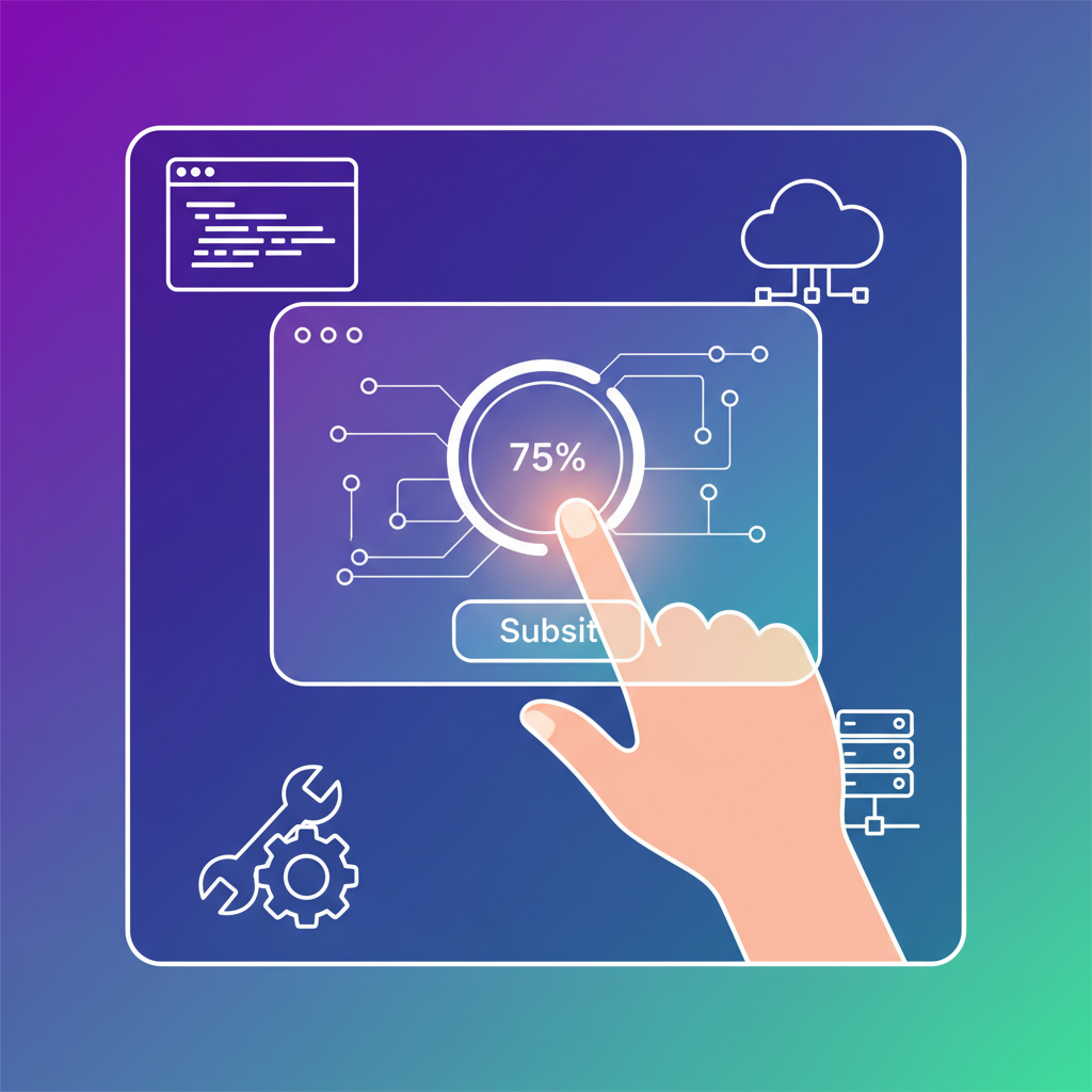 A person's hand interacting with a digital interface to submit an application, with a progress bar and various app development tools in the background. Clean infographic, modern layout, high contrast, colored background, 1:1 aspect ratio, no text.