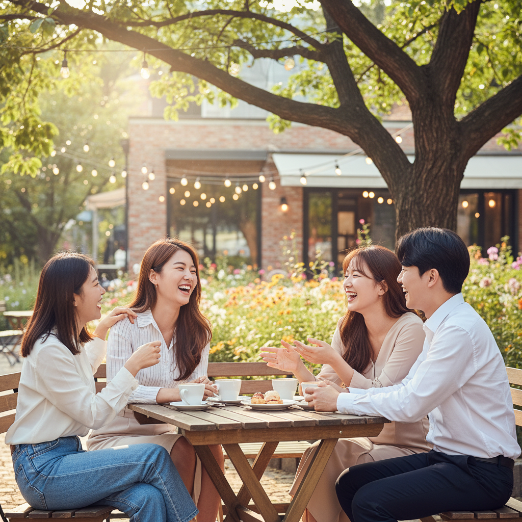 Young Korean people enjoying real-life connection outdoors, laughing and interacting without phones, vibrant park or cafe background, natural sunlight, lifestyle photography, no text