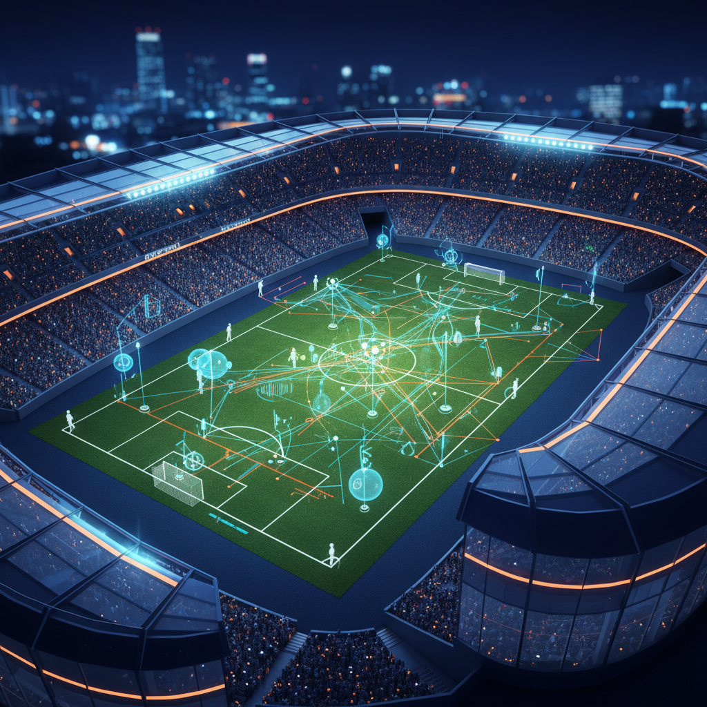 A modern infographic showing a football stadium with AI elements like glowing lines and data points overlaying the field, representing game analysis. Clean design, high contrast, blue and orange color scheme, no text.