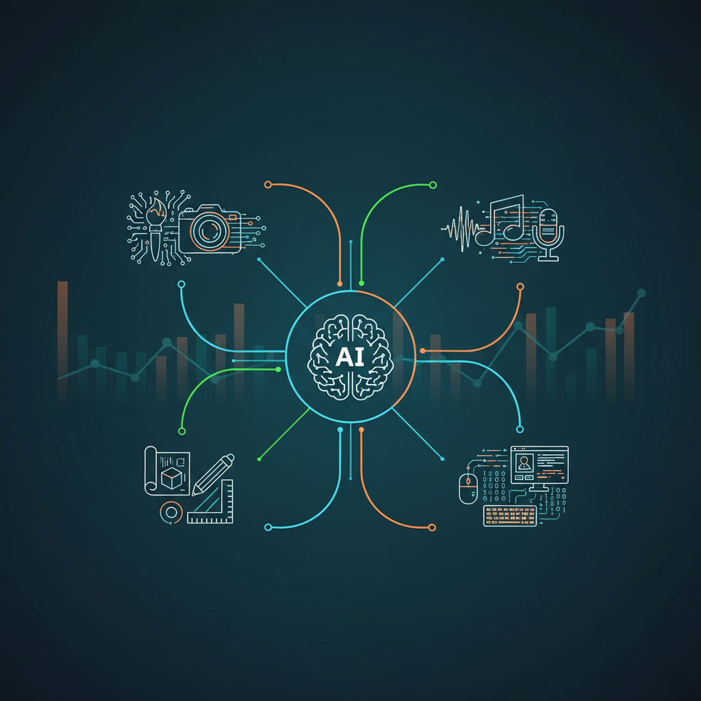 A clean infographic showing creative tools integrating AI, modern layout, high contrast, subtle growth charts in the background, colored background, no text.