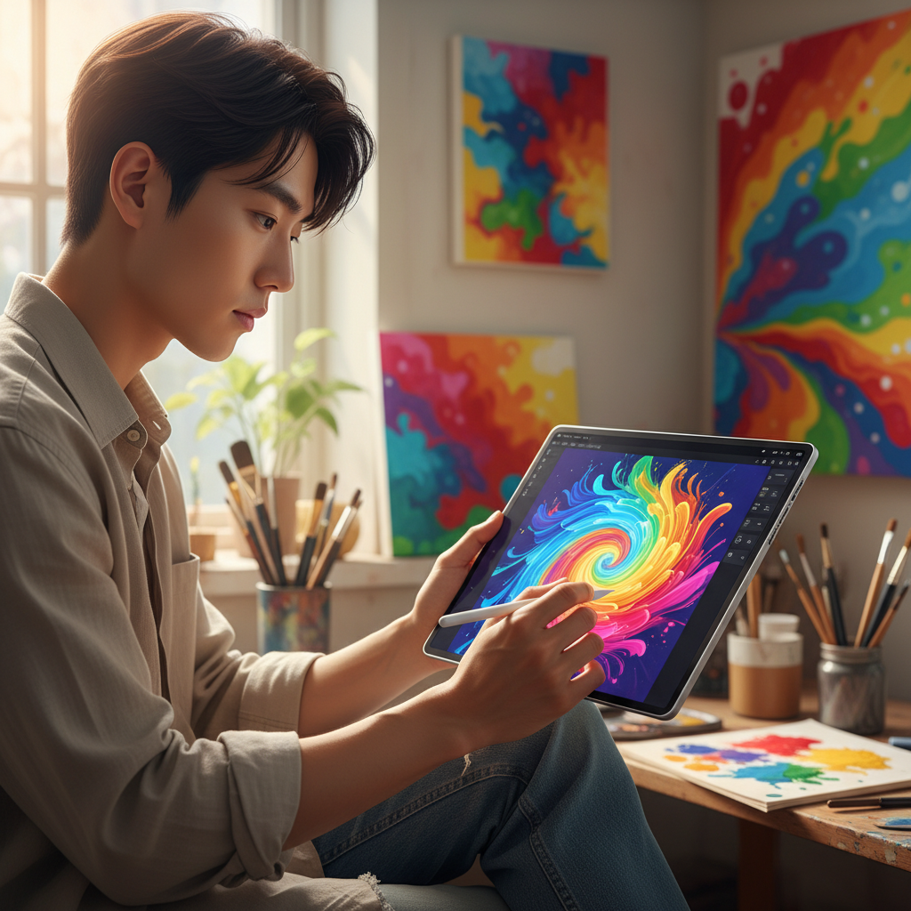 A realistic depiction of an artist using a digital tablet with generative AI tools, bright lighting, colorful background, Korean appearance, natural expression, no text.