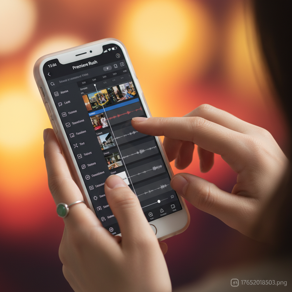 A close-up lifestyle shot of a Korean content creator's hands actively using the Adobe Premiere Mobile interface on an iPhone to edit YouTube Shorts. The screen displays various editing tools and a clear timeline. The background is softly blurred with warm lighting, no visible text, colored background.