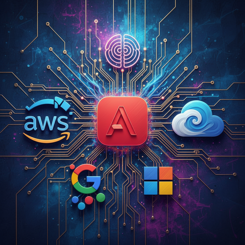 An artistic rendering showing various tech company logos (AWS, Azure, Google, Microsoft, OpenAI) interconnected with Adobe's logo, abstract, textured background, no text.