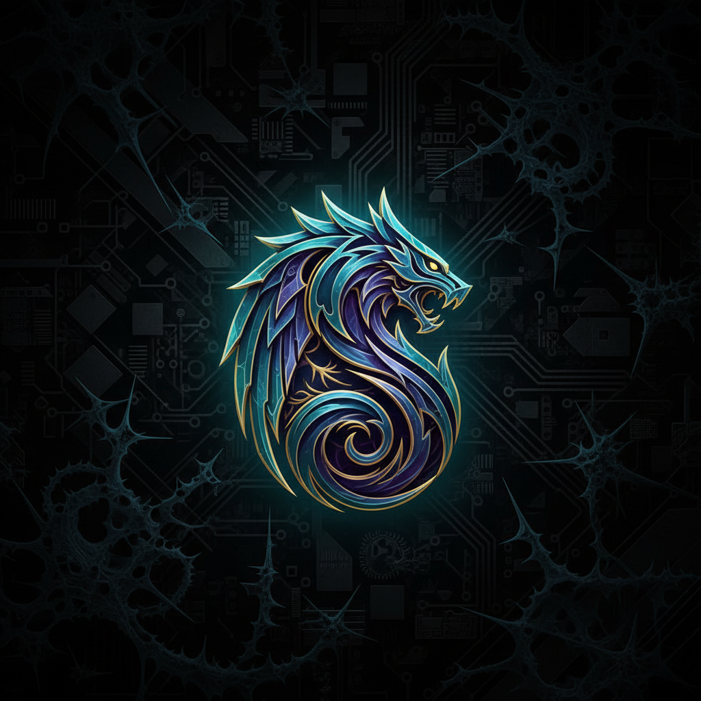 A mysterious corporate logo emerging from a dark, intricate background, glowing subtly, with a sense of hidden power. Digital art, high contrast, no visible text.