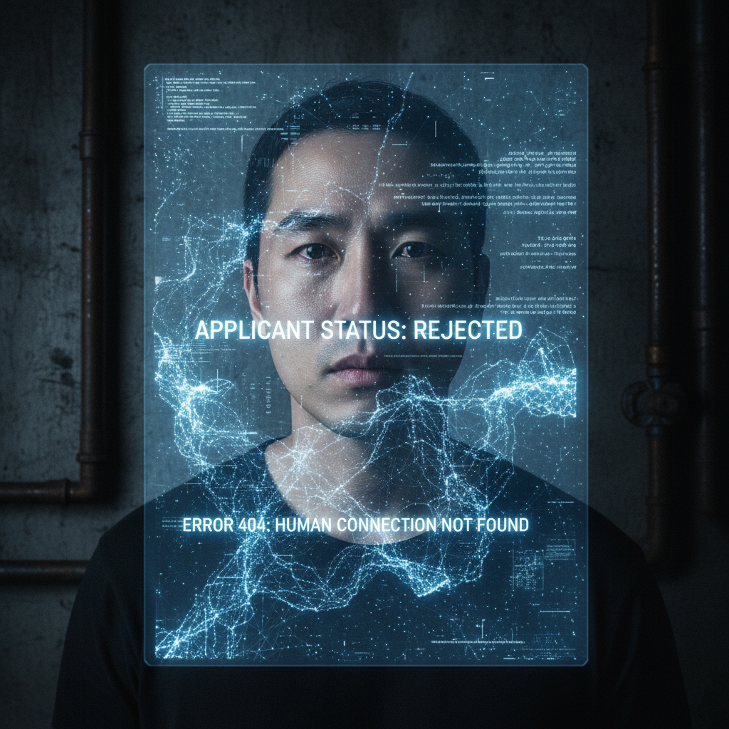 A solemn individual gazes directly into the camera, their face illuminated by a glowing AI screen in a dimly lit setting, reflecting the anguish of job seekers and the dehumanizing aspects of the modern hiring process, cinematic lighting, dark textured background, no text, Korean appearance, 4:3 aspect ratio