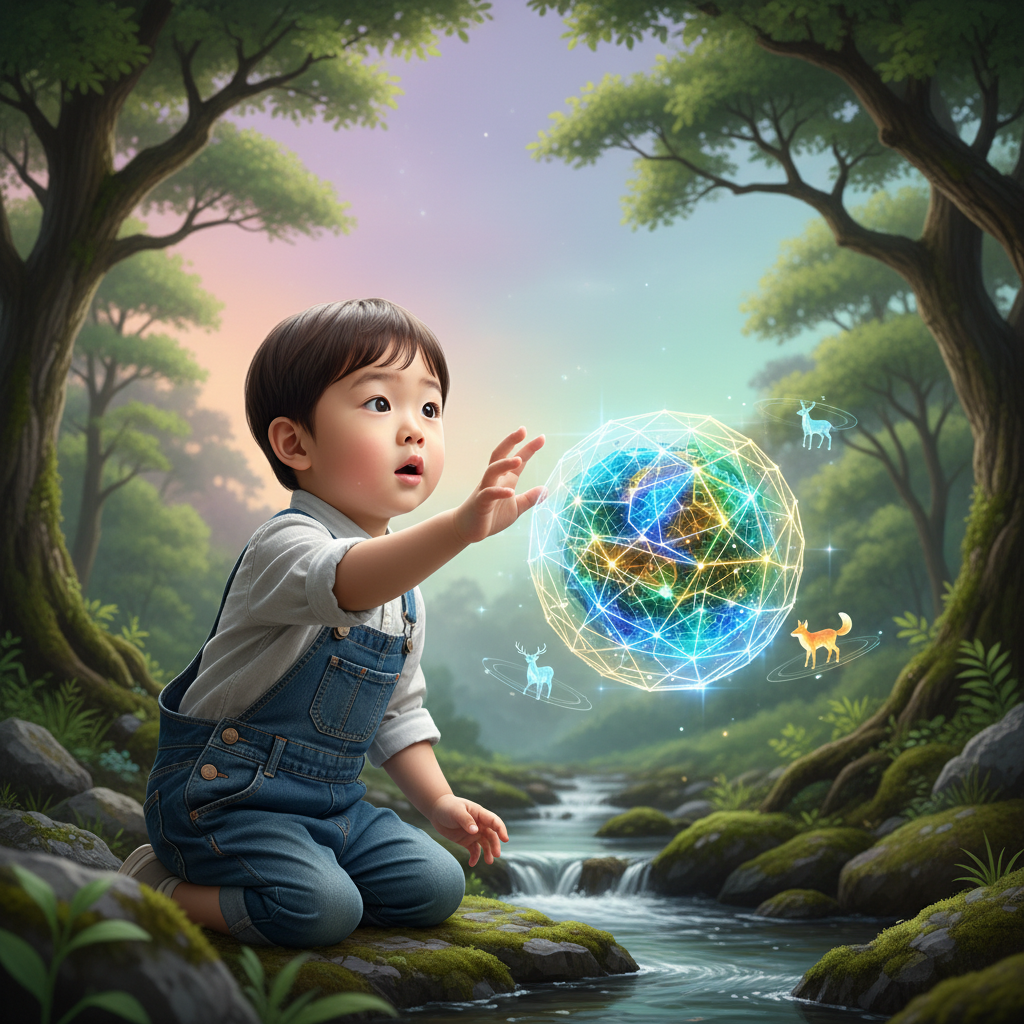 A Korean child with a curious expression interacting with a futuristic AI toy, bright balanced lighting, a gradient colored background with soft hues, natural setting, no visible text in the image.