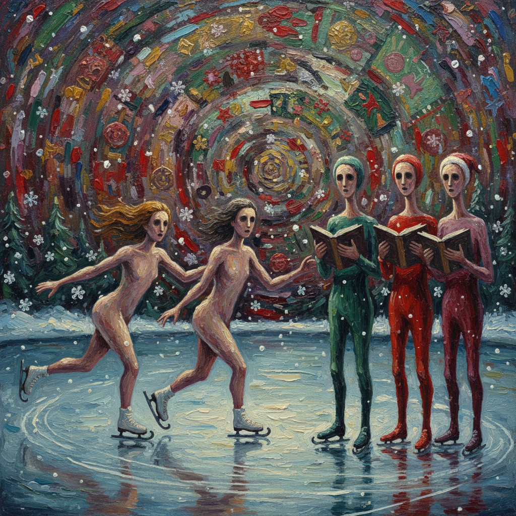 A subtly unsettling AI-generated image of people engaged in Christmas activities like ice skating or caroling, with slightly distorted or 'jelly-like' limbs, artistic rendering, textured background, no text.