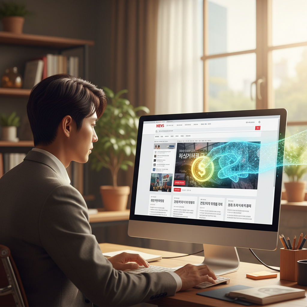 A lifestyle photography scene of a Korean journalist looking at a computer screen with news content, while a hand (representing Google) discreetly passes a virtual payment to the publication, warm lighting, natural office setting with a blurred background, no text, centered focus, no empty margins.