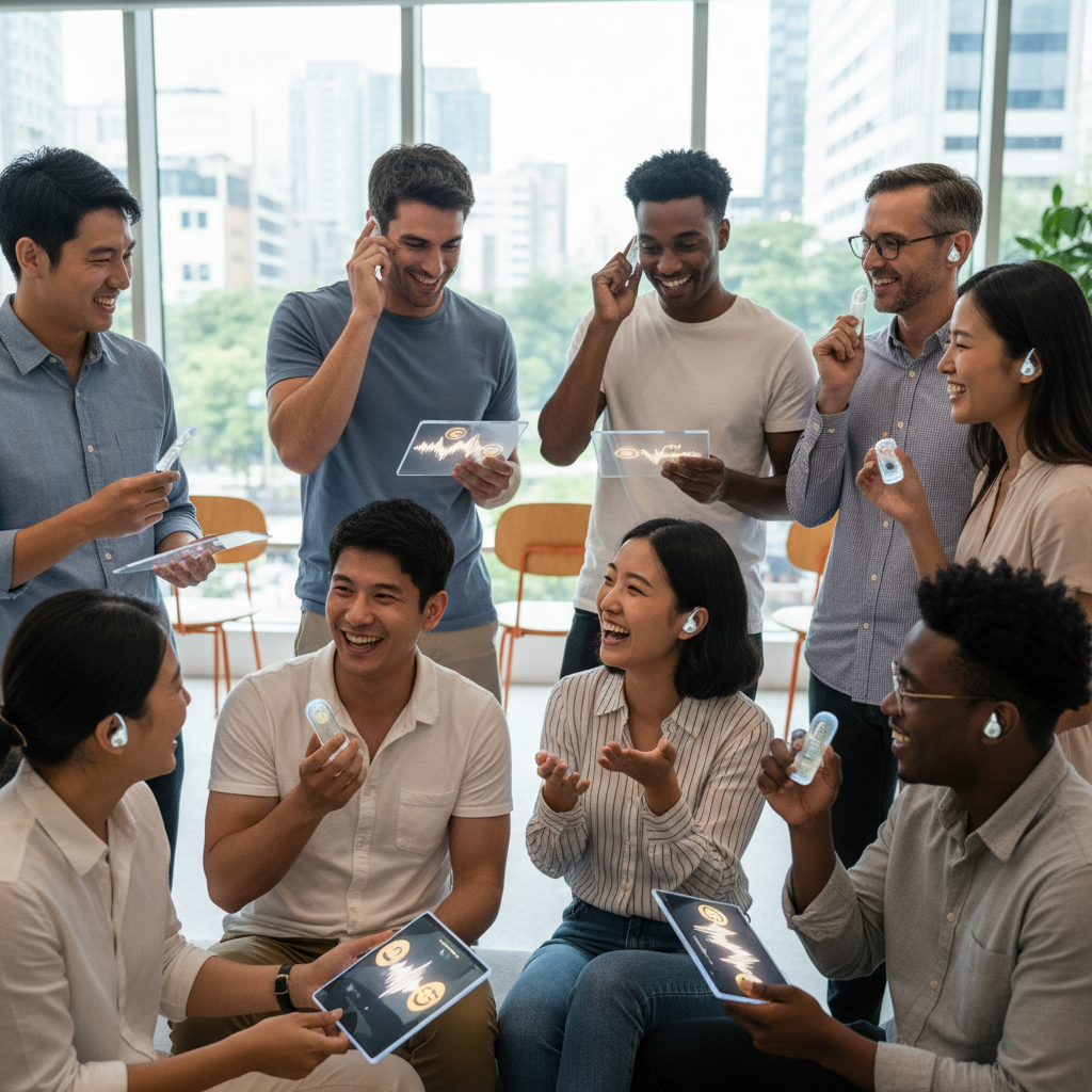 A diverse group of Korean and international individuals happily conversing and understanding each other, with subtle visual cues of seamless communication facilitated by technology. Bright, balanced lighting, a modern, open space background, no text. Lifestyle photography.
