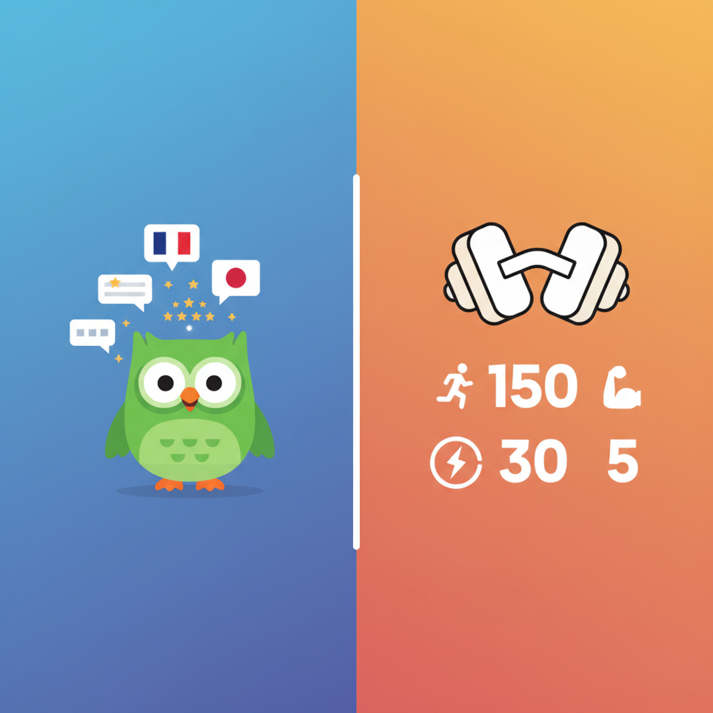 Clean infographic showing a split screen with one side illustrating language learning progress (e.g., Duolingo owl with speech bubbles) and the other side showing workout stats (e.g., stylized dumbbells with numbers). High contrast, modern design, gradient background. No visible text, no graphs.