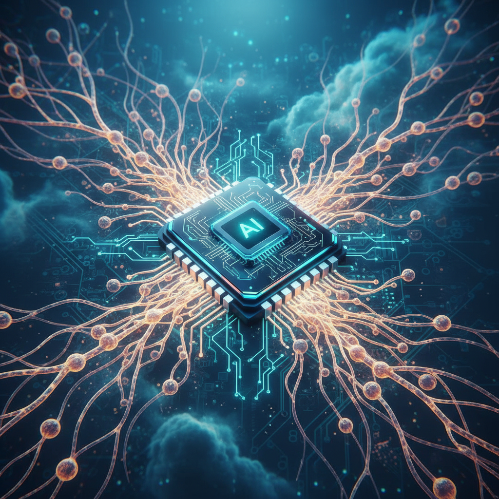 Illustration of an energy-efficient AI computer chip intertwined with biological neural networks, symbolizing "as efficient as biology," modern layout, textured background, no text