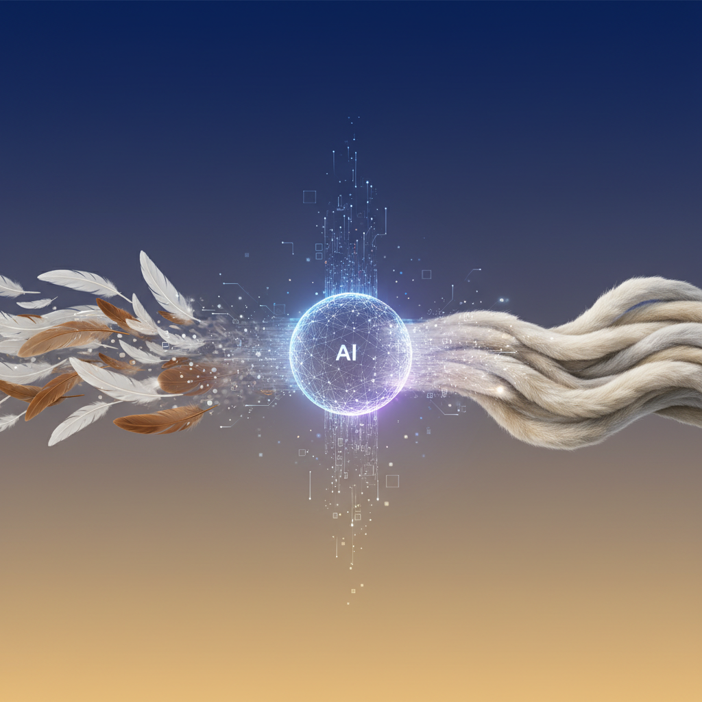 A visually striking scene showing chicken feathers transforming into soft cashmere-like fibers through a futuristic AI process, clean infographic style, high contrast, gradient background, no text, centered focus, visually rich