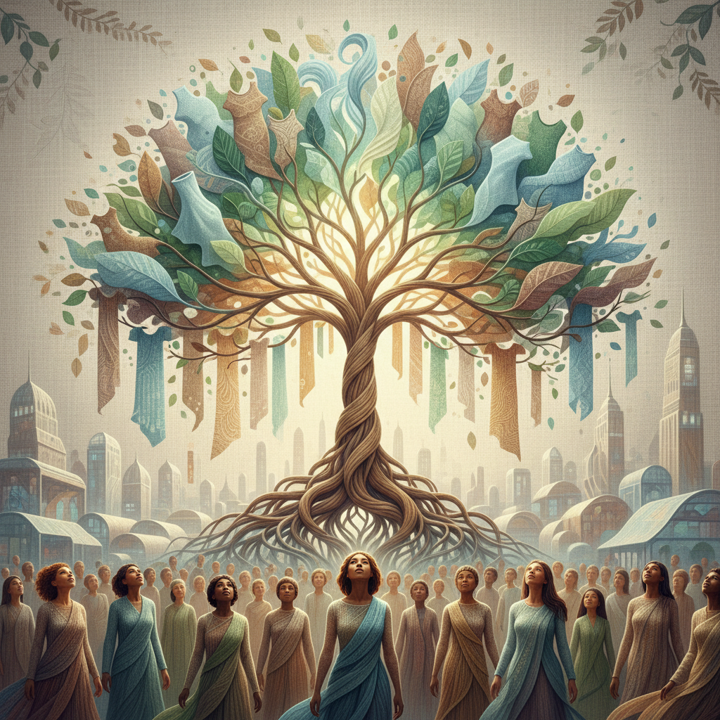 An artistic rendering symbolizing the positive impact of Everbloom's sustainable textiles on the future fashion industry, textured background, balanced lighting, no text, centered focus, visually rich