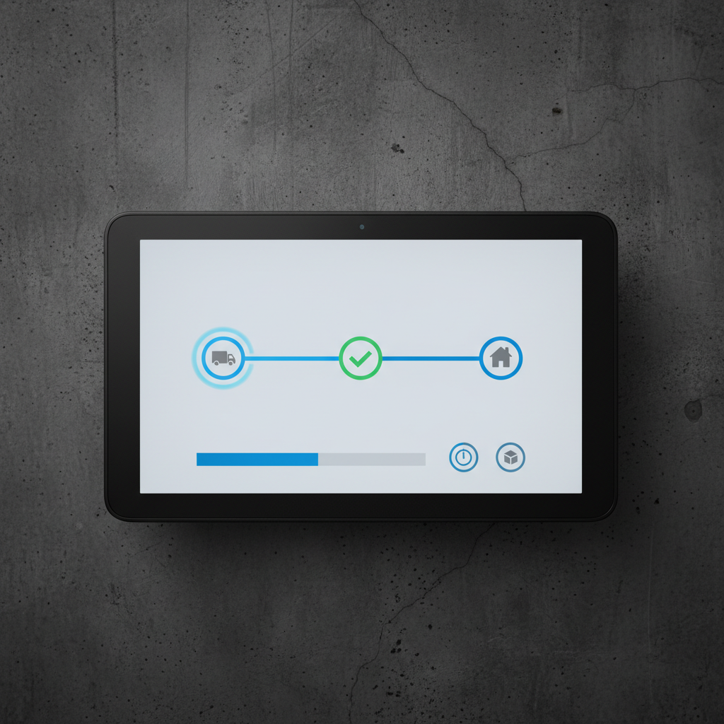 A close-up of an Echo Show screen showing a real-time delivery tracking map or a list of recent orders, clean infographic style, high contrast, textured background, no text.