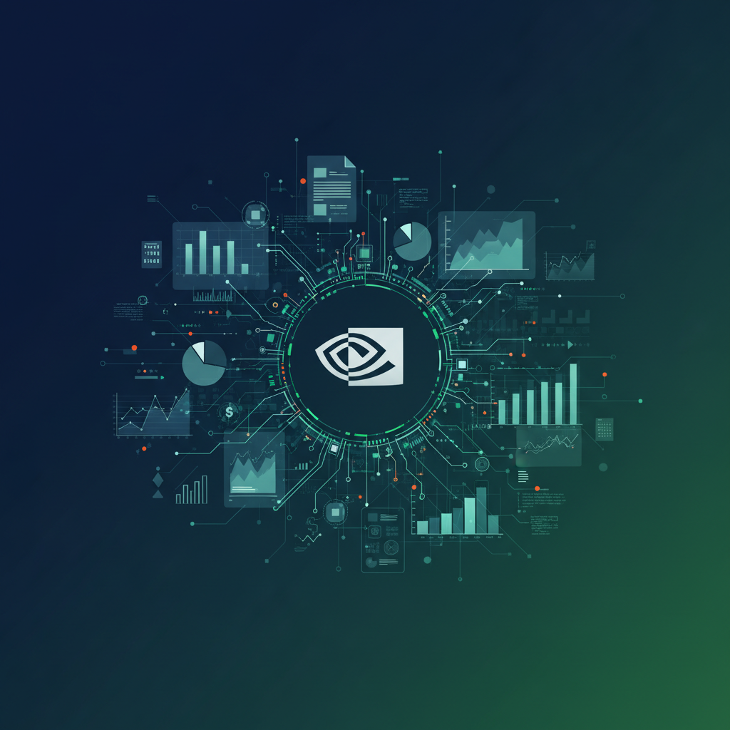 Nvidia logo, complex financial documents, stylized as an intricate clean infographic with modern layout and high contrast, colored background, no text