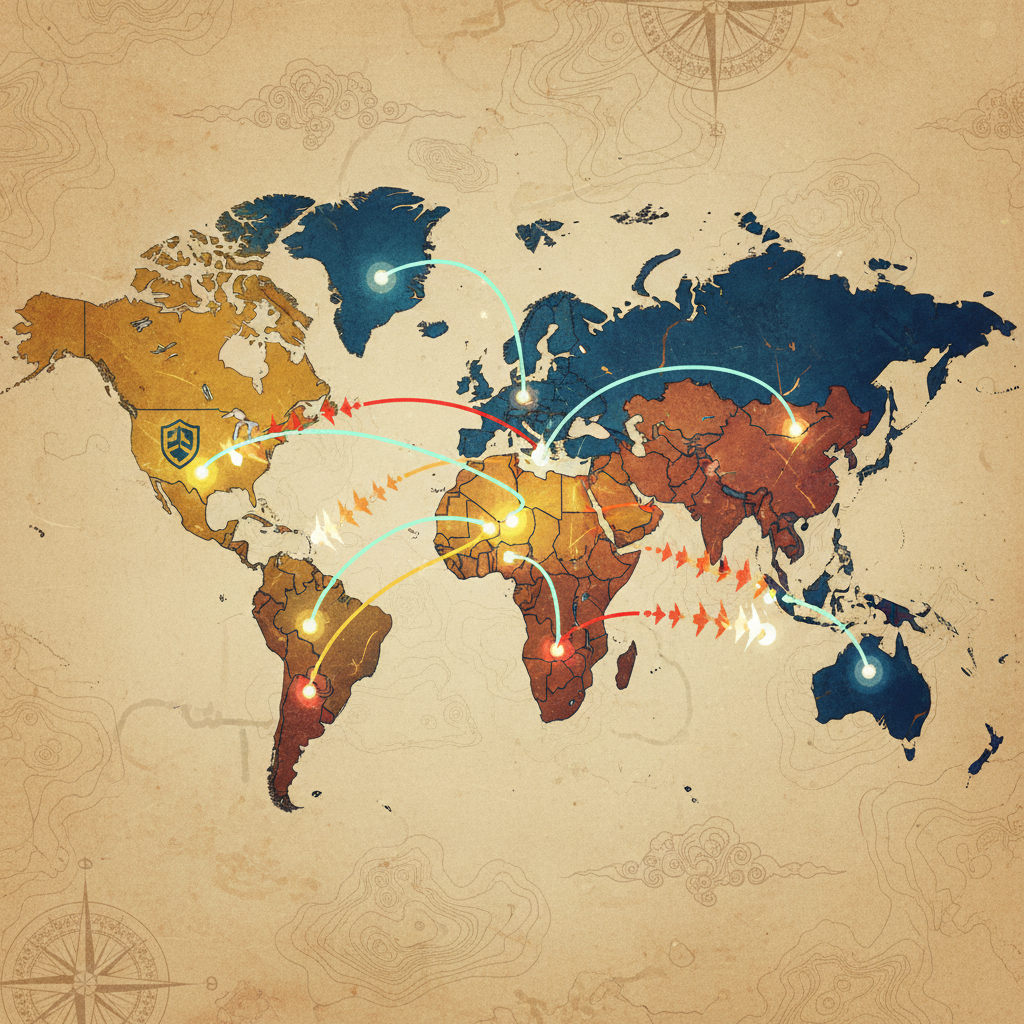 A stylized map or network showing connections between different regions, with some paths highlighted or restricted, symbolizing chip distribution and regulations. Use an artistic rendering, textured background, no text.