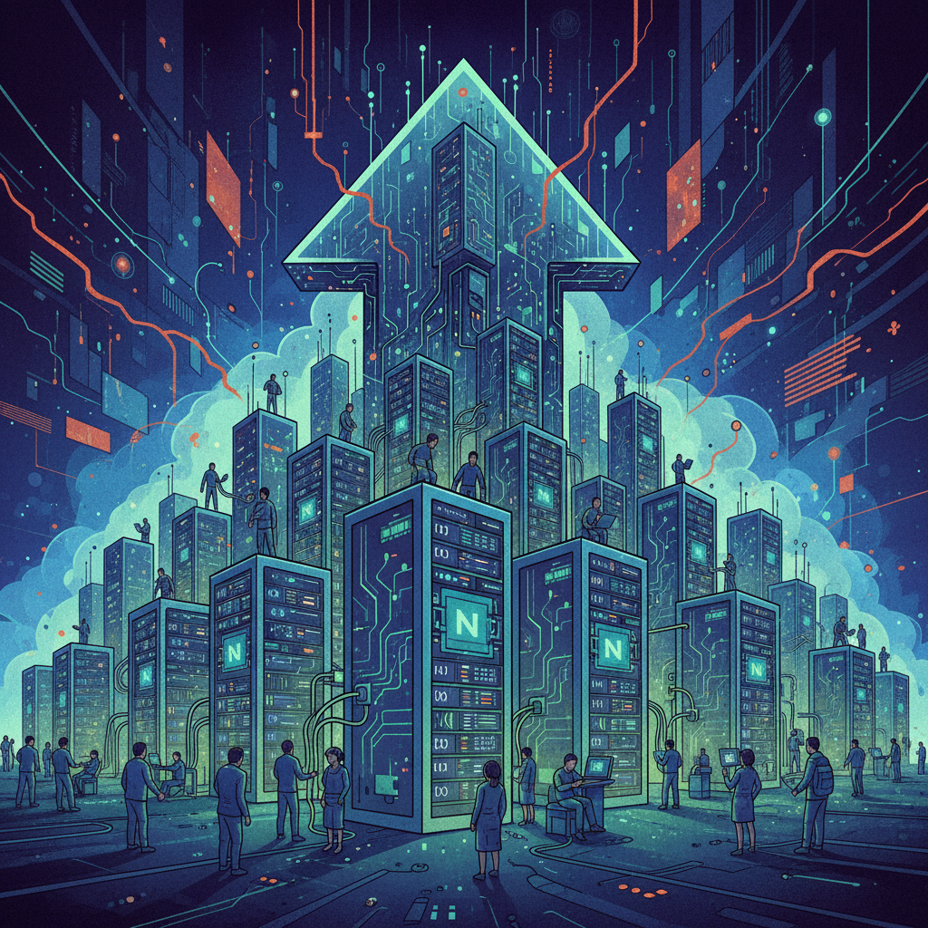 Modern illustration of a bustling data center with glowing servers, symbolizing Nvidia's rise and the demand for AI infrastructure, deep textured background, no text.