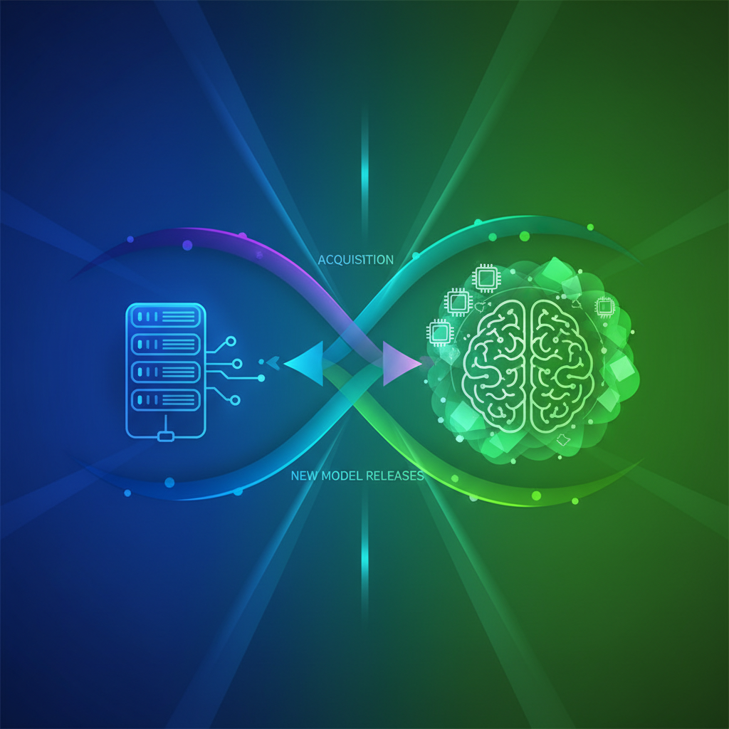 A sleek, modern infographic representing Nvidia's dual strategy in open-source AI: acquisition and new model releases. Dynamic lines connect a data center icon with a brain icon, set against a gradient blue and green background, centered focus, visually rich, no text, 4:3 aspect ratio, clean infographic, modern layout, high contrast
