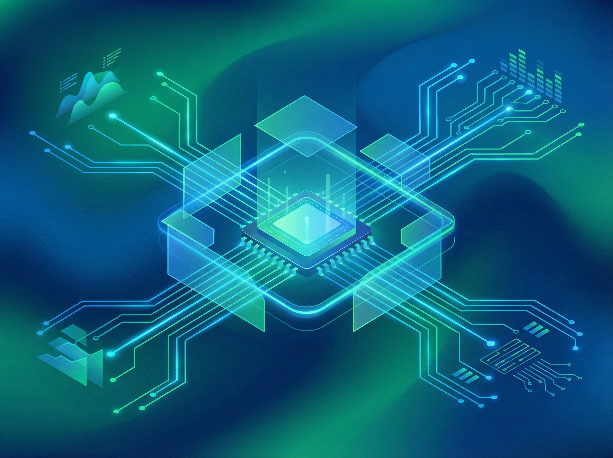 Futuristic illustration depicting Nvidia's strategic move in the tech industry, abstract shapes, glowing lines, rich blue and green gradient background, no text, aspect ratio 4:3