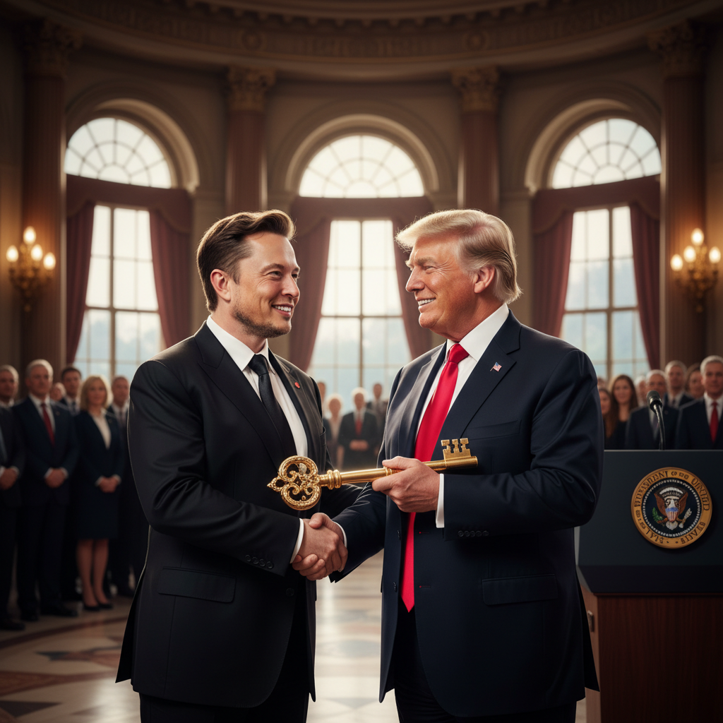 Elon Musk receiving a golden key from Donald Trump in a formal setting, representing political influence, vibrant lighting, professional background, no text, 4:3 aspect ratio