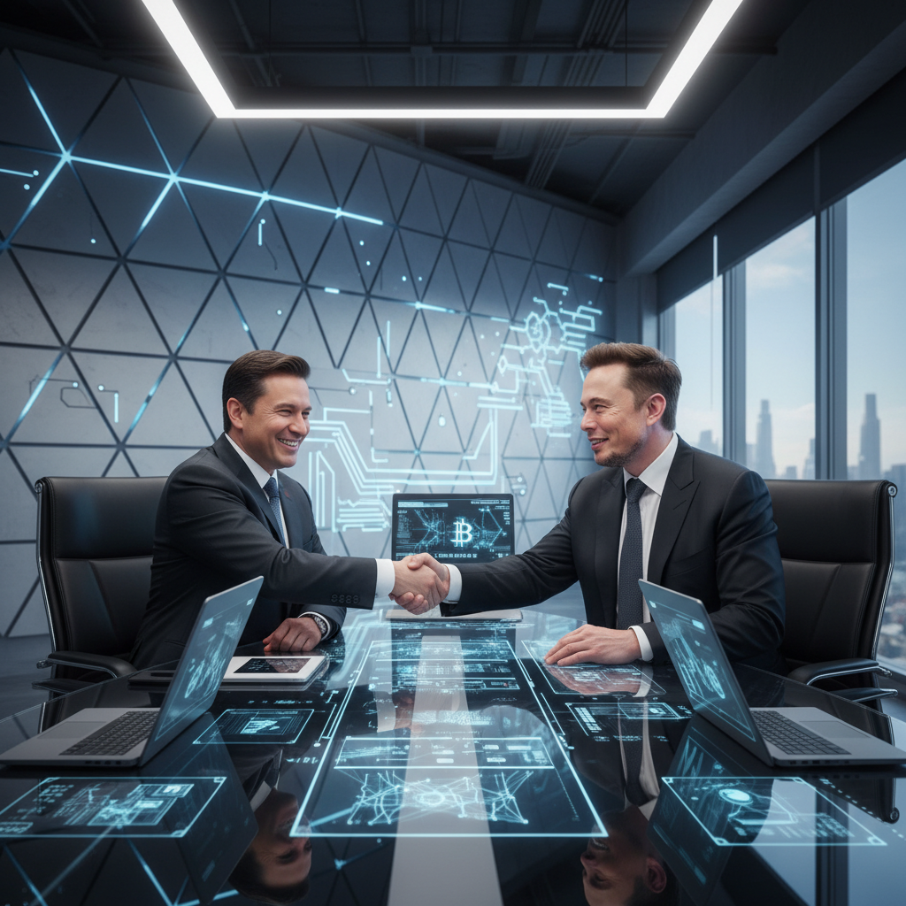 Realistic photo of El Salvador's President and Elon Musk shaking hands in a modern, tech-focused conference room, discussing AI education, bright lighting, textured wall background, Korean appearance if any, no visible text.