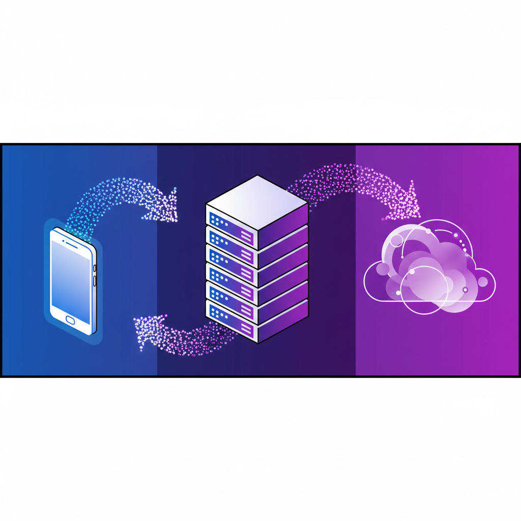 Infographic contrasting a small smartphone with a powerful server rack, illustrating data flow between edge and cloud AI. Style: clean, high contrast, modern layout, gradient background, no visible text.
