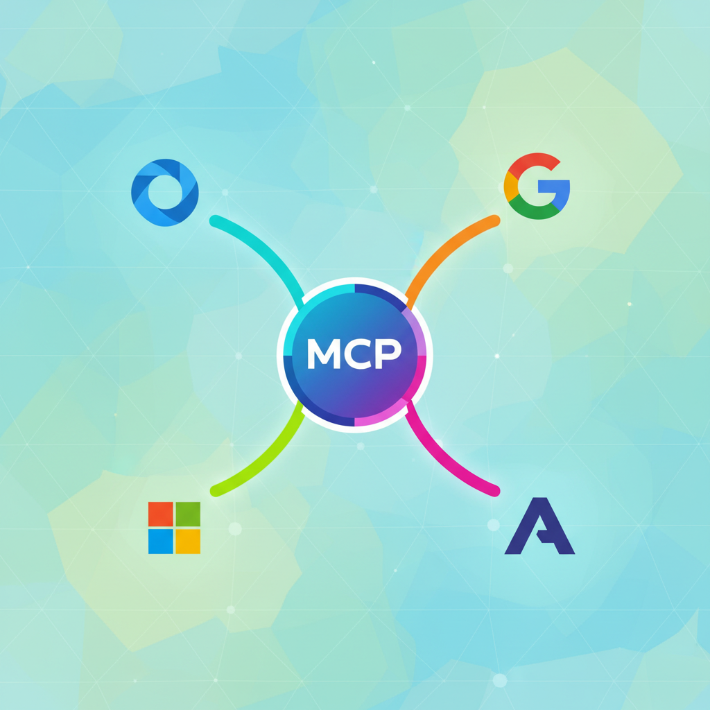 Modern infographic showing logos of major AI companies (OpenAI, Google, Microsoft, Anthropic) connected to a central "MCP" hub, clean design, bright colors, textured background, no text