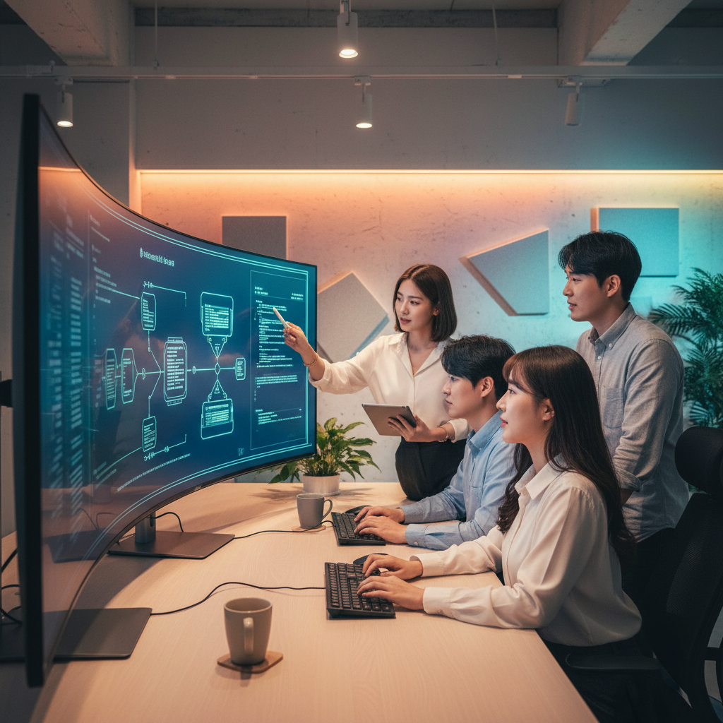 Several Korean developers collaboratively working on a coding project around a large screen, showing shared code and communication. Lifestyle photography, modern office setting, bright and balanced lighting, colored background, no visible text.