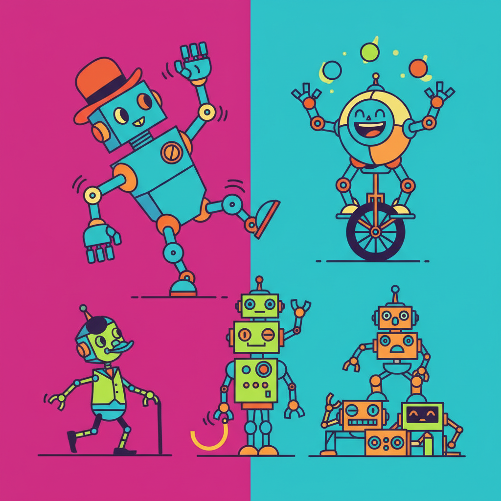 Several robots practicing comedic movements in various poses, different sized robots moving dynamically, clean infographic style, high contrast, colored background, no text