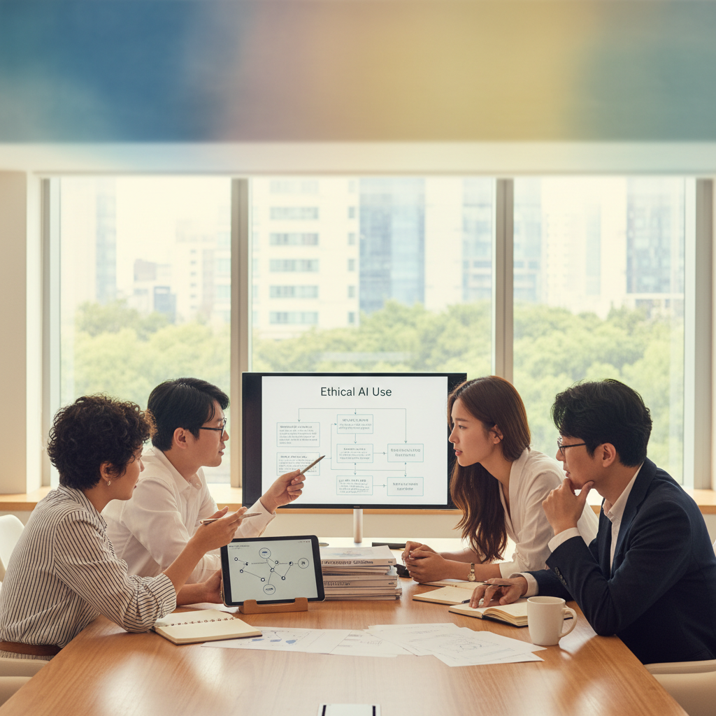 A diverse group of authors collaboratively discussing ethical AI use and copyright, in a bright, modern office setting, lifestyle photography, warm lighting, natural setting, colored background, Korean appearance, no text, 4:3