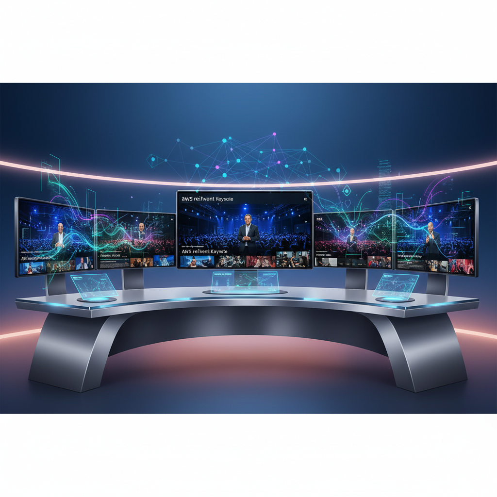 A visually rich scene showing multiple screens displaying live streams of AWS re:Invent keynotes, with abstract AI graphics superimposed. The setting is a modern workspace, with bright, balanced lighting and a sophisticated colored background. No visible text, clean infographic style, focus on digital connectivity.