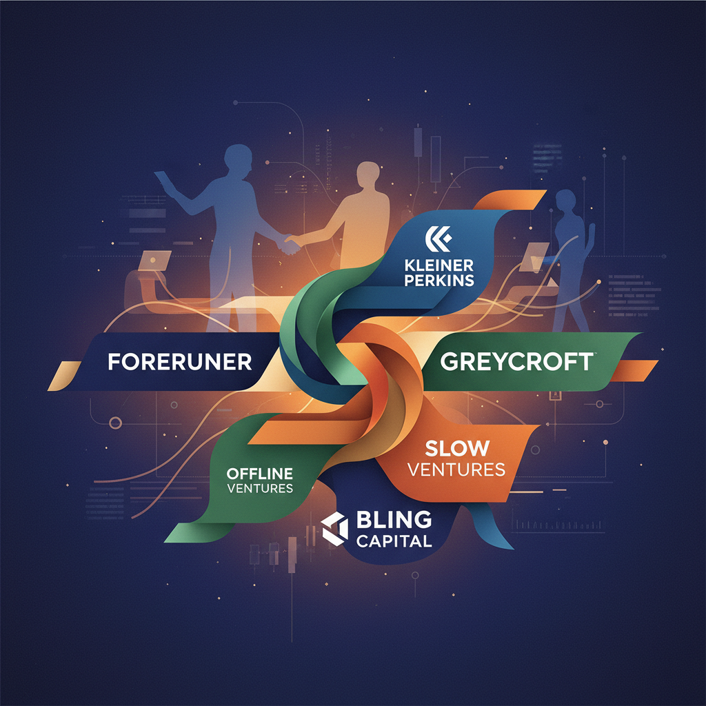 A dynamic graphic representing a funding round, with stylized logos of various investment firms like Forerunner, Kleiner Perkins, Greycroft, Offline Ventures, Slow Ventures, and Bling Capital. There are subtle visual cues of investors shaking hands or reviewing documents in the background, set against a modern, textured, colored background. The overall composition is clean, high contrast, and conveys financial growth and collaboration. No text or numbers, centered focus, visually rich, no empty margins, clean infographic style, colored background, balanced lighting