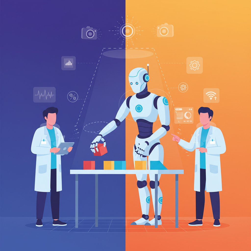 Scientists collecting data from a humanoid robot picking up objects in a lab, with multiple sensors and cameras, clean infographic style, colored background, no text, 4:3