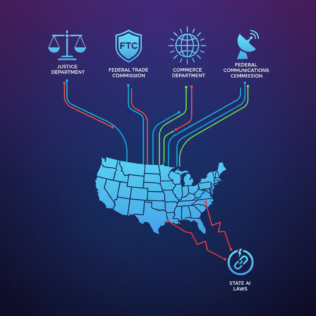 Modern infographic showing different federal agencies (Justice Department, FTC, Commerce Department, FCC) taking actions against state AI laws, interconnected flow, clean and high-contrast design, colored background, no text