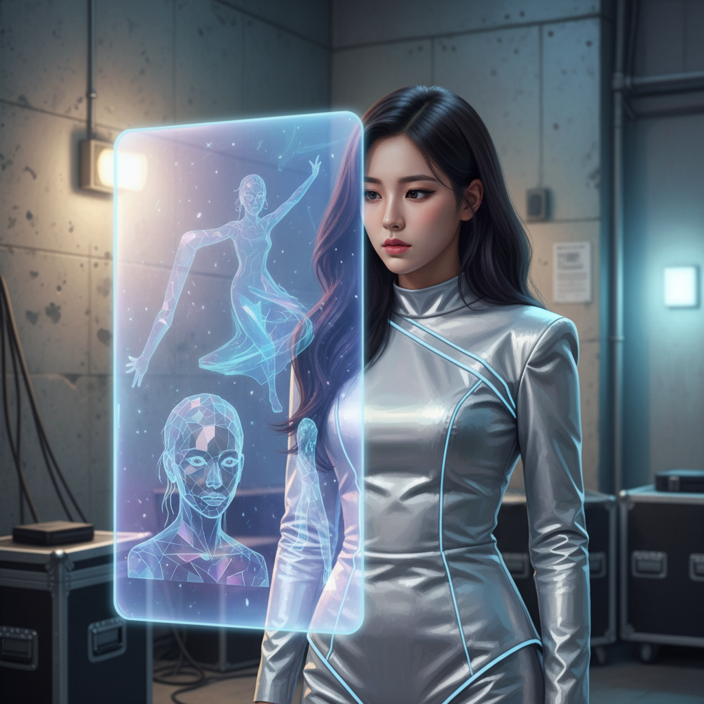 A Korean pop star looking thoughtfully at a holographic projection of herself generated by AI. The projection shows her in various manipulated poses. The background is a softly lit backstage area with a textured wall. Style: artistic rendering, textured background, natural expression. No text, centered focus.
