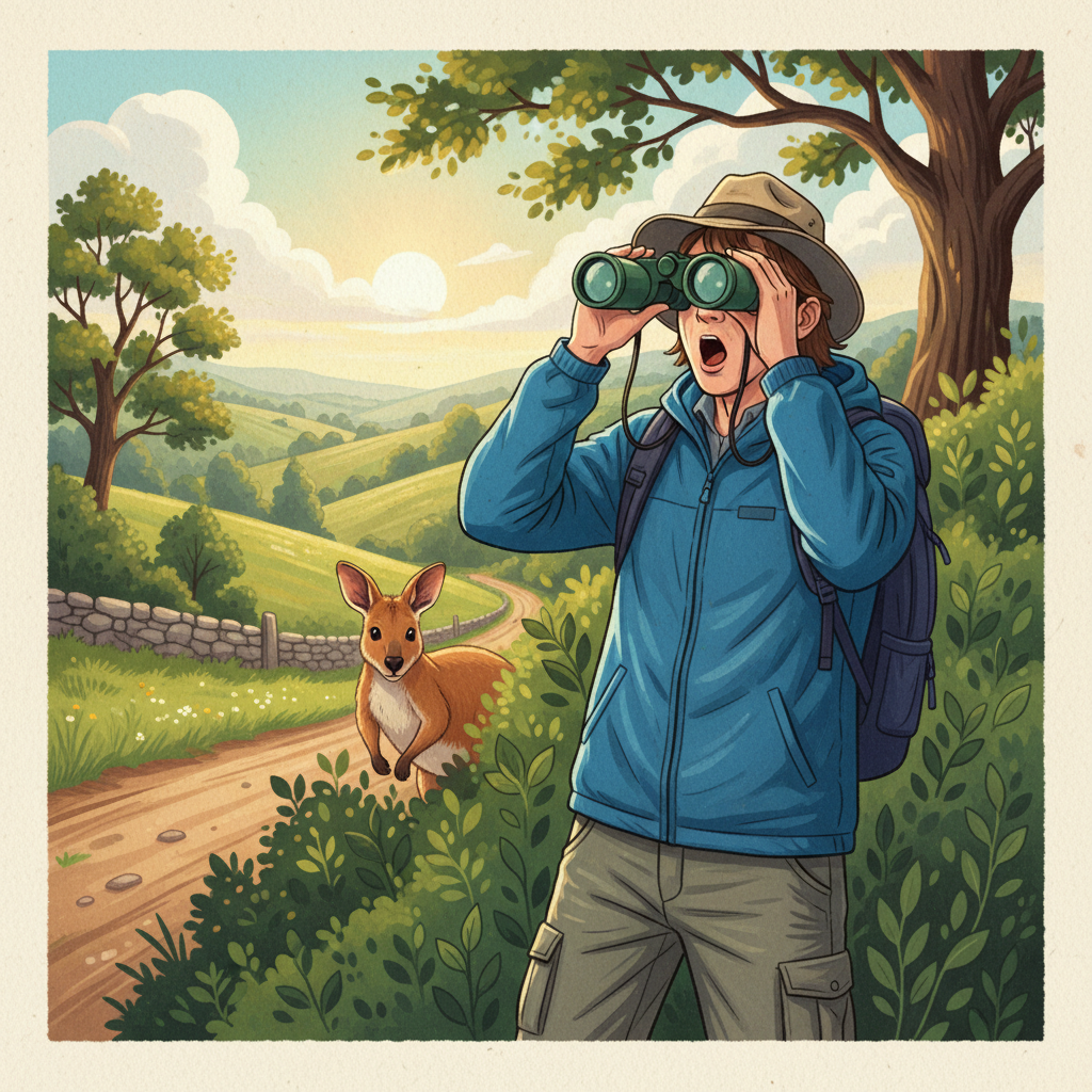 A vibrant illustration of a person in hiking gear, looking through binoculars with a surprised expression. In the background, a small wallaby is peeking from behind a bush in a lush, green English countryside. Style: artistic rendering, textured background, bright natural lighting, no empty margins. No visible text, no Korean characters.