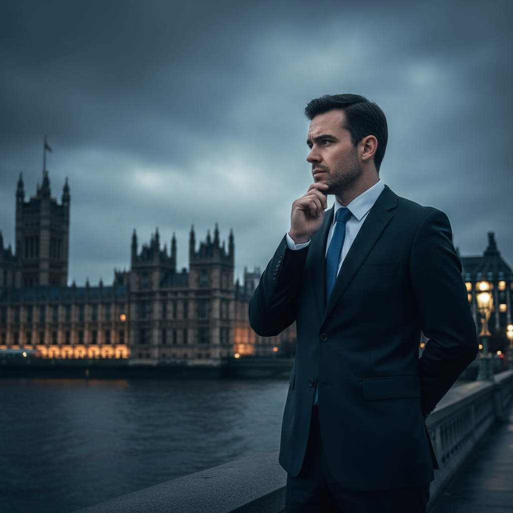 A person in business attire stands thoughtfully in front of the UK Parliament building, representing policy deliberation and a complex decision, deep blue and gray background, no text