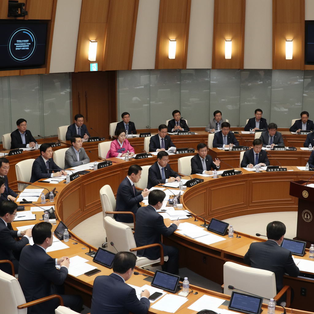 A diverse group of Korean parliamentarians in a modern assembly hall, discussing AI regulations with serious expressions, warm lighting, textured background, no visible text.