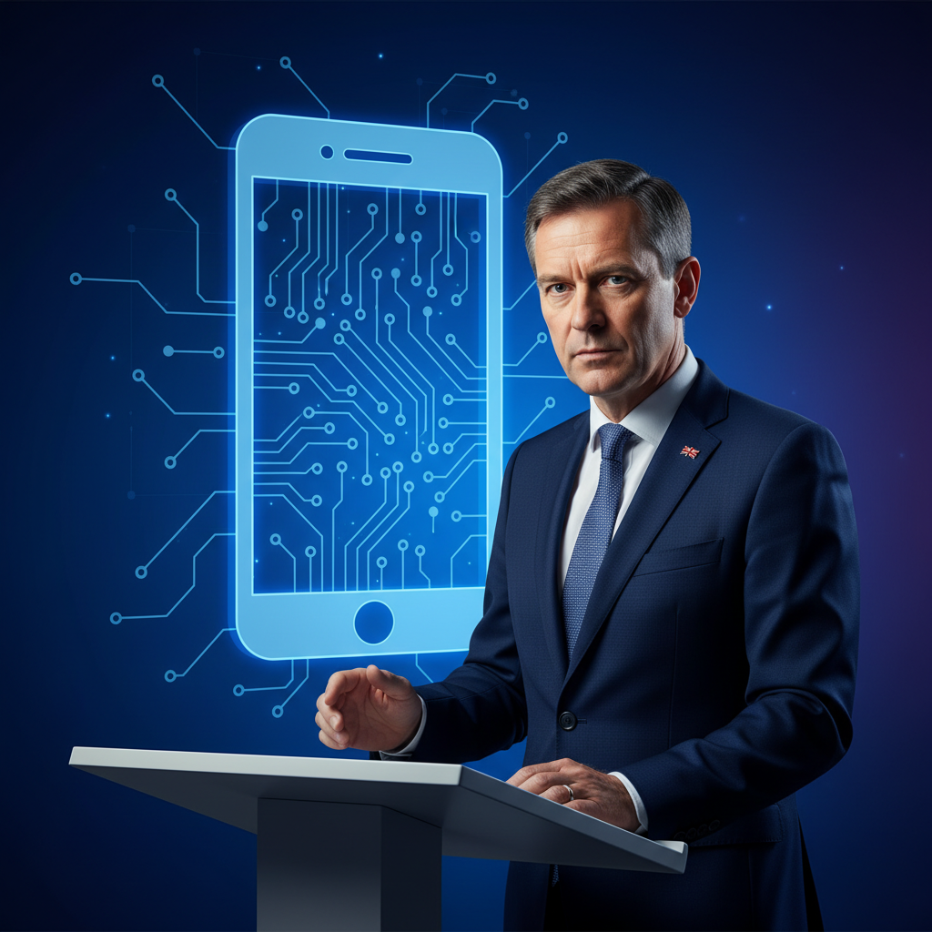 A serious-looking UK government official discussing digital policies with a smartphone icon in the background, clean infographic style, high contrast, colored background, no text, 4:3 aspect ratio