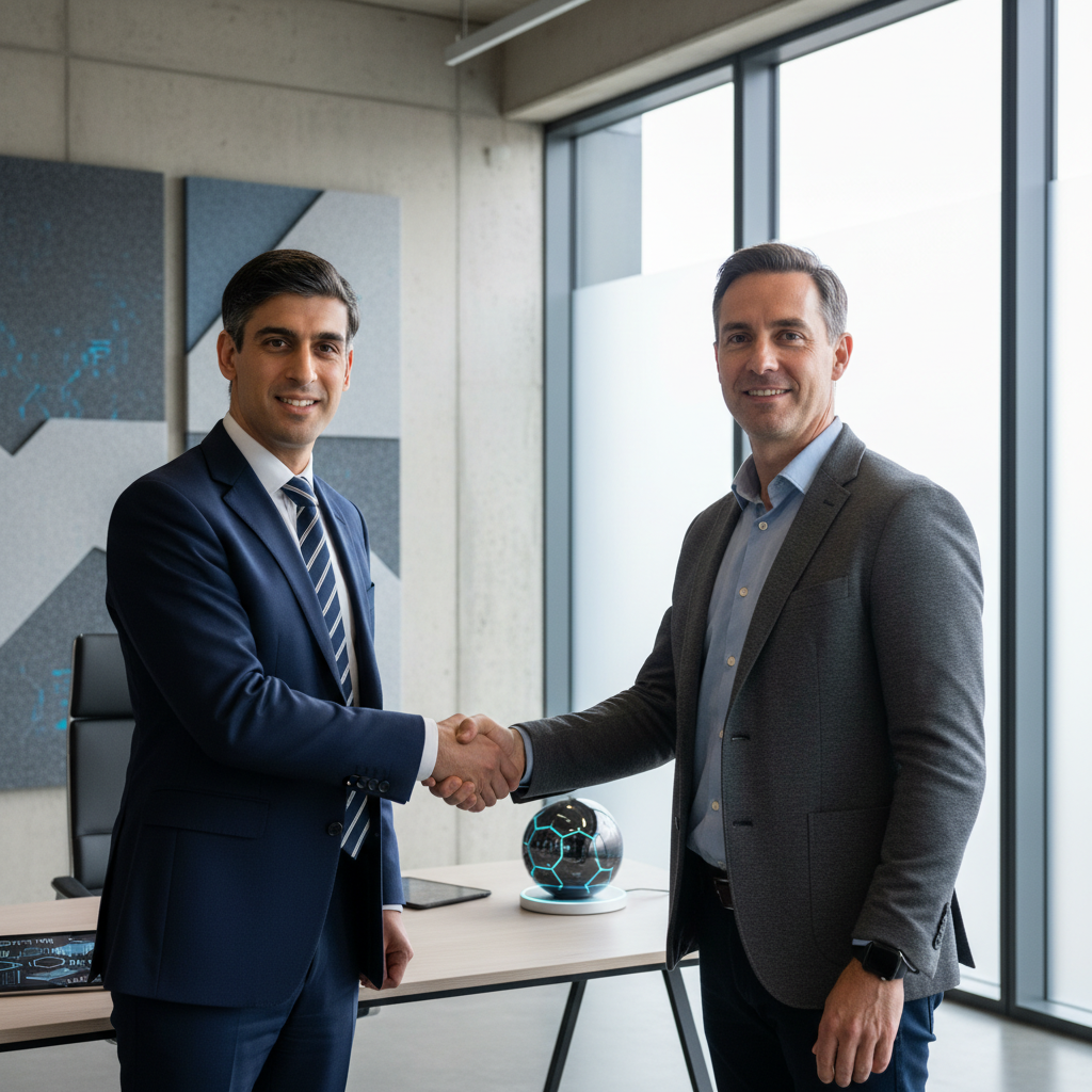 A British politician shaking hands with an American AI executive, symbolizing collaboration and new roles, in a modern office setting, bright lighting, textured background, no text, 4:3 aspect ratio