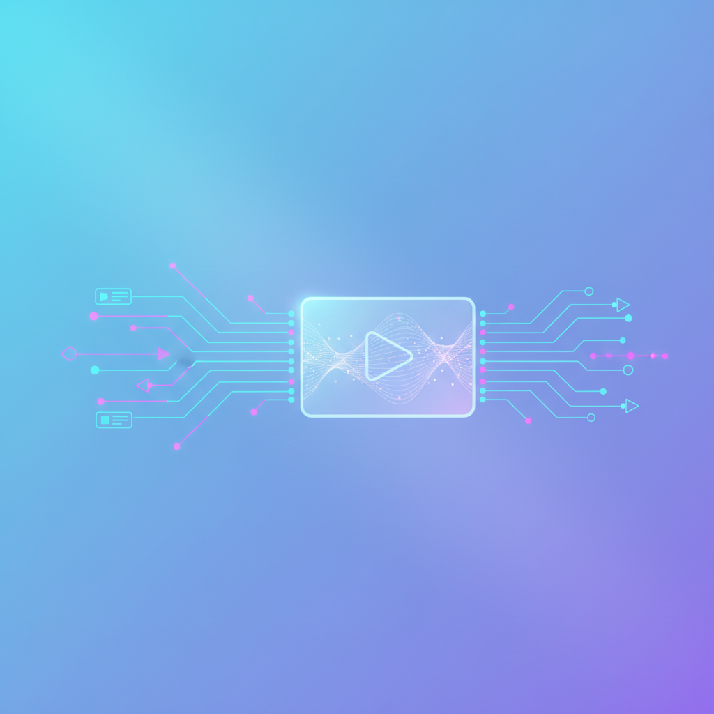 A conceptual infographic showing digital data streams with an invisible 'SynthID' watermark subtly integrated into a video file, abstract light blue and purple gradient background, modern digital art style, clean layout, no text, 1:1 aspect ratio