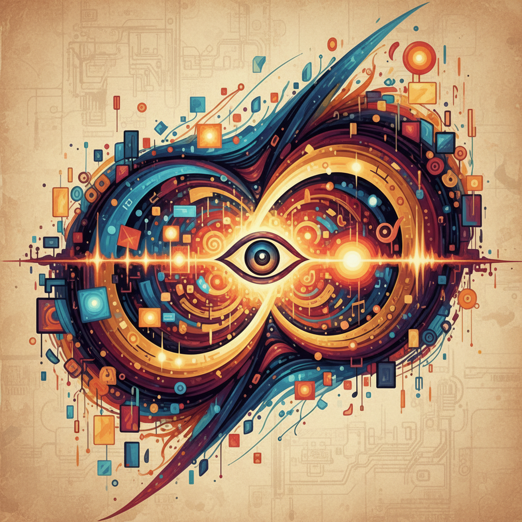 A visually rich illustration symbolizing the harmony between video visuals and immersive sound, artistic rendering, textured background, no text, dynamic composition.