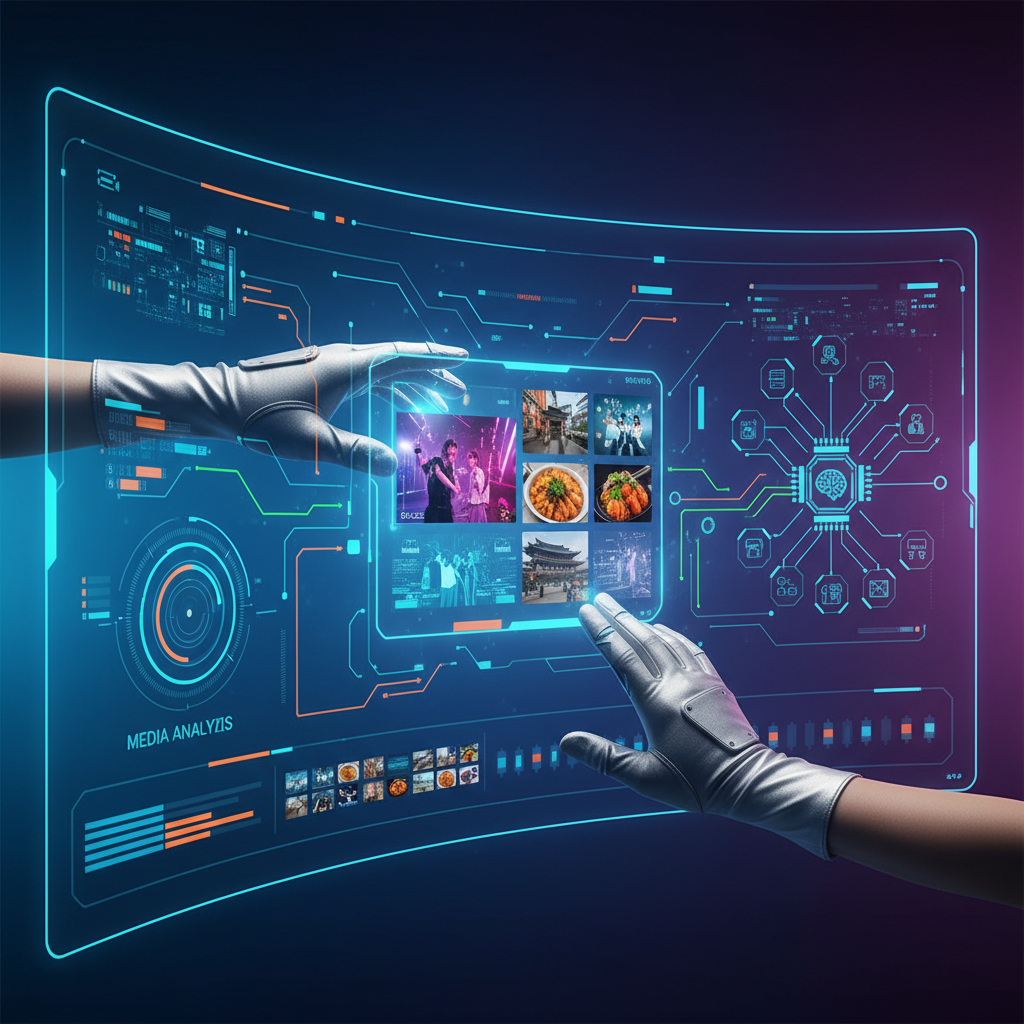 A scene depicting an AI interface analyzing various media like videos and images simultaneously, with Korean hands interacting, clean infographic, modern layout, high contrast, colored background, no text, 4:3 aspect ratio