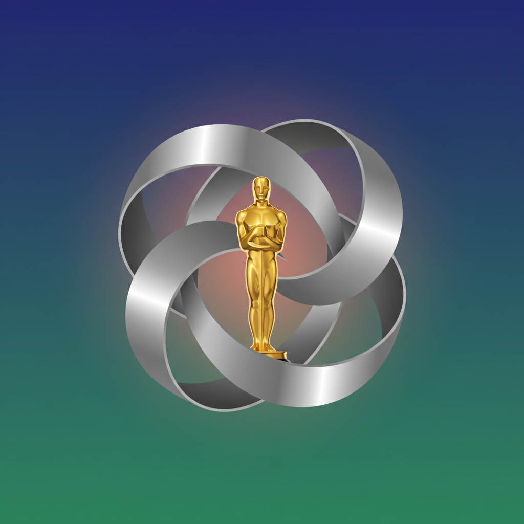 A sleek, modern design featuring intertwining film reels and a gleaming Oscar trophy, set against a sophisticated colored gradient background. The composition is clean and artistic, emphasizing the blend of cinema and awards, clean infographic, modern layout, high contrast, colored background, no text, aspect_ratio=1:1