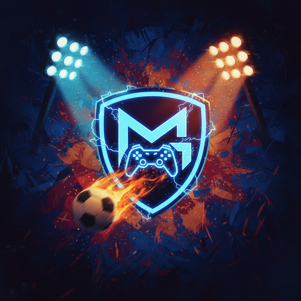 An artistic rendering combining elements of popular movies (like a superhero emblem and a game-related motif) and major sports events (a soccer ball in motion, stadium lights). The composition should be dynamic and energetic, with a textured, deep blue and orange background. High contrast, visually rich, no text. Centered focus.