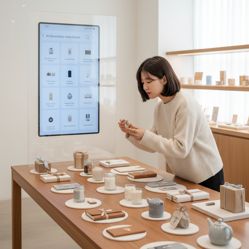 A person carefully examining various small gift items on a table, with a smartphone displaying AI recommendations in the background, clean and modern setting, bright lighting, Korean appearance, no text