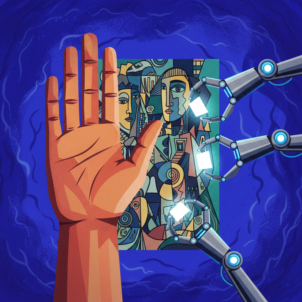 A vivid illustration of a human hand protecting a painting from robotic AI arms, symbolizing copyright protection, modern art style, textured blue and purple background, no text