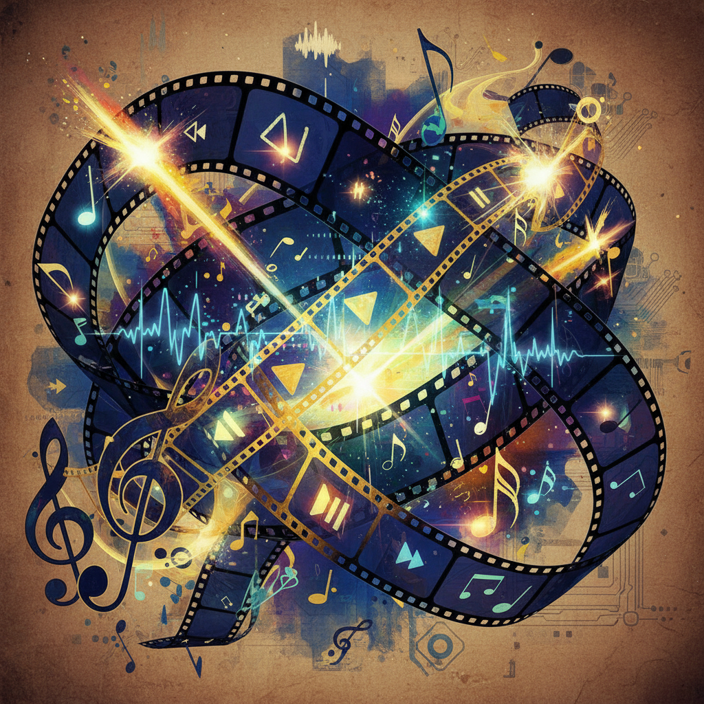 Dynamic visual representation of music notes blending with film reels and video elements, artistic rendering, textured background, no text