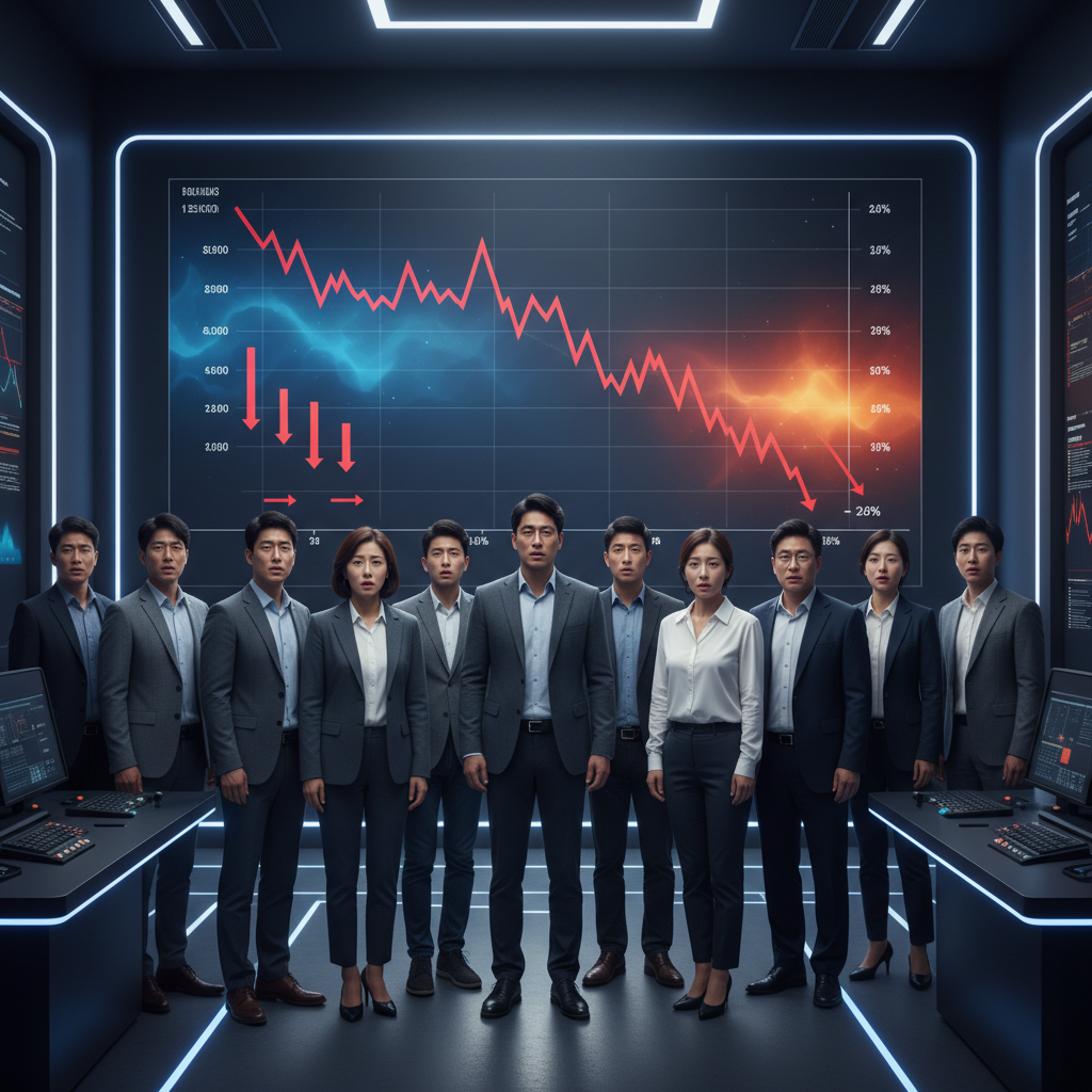 A diverse group of investors, with concerned expressions, looking at a stock market chart showing a downward trend, in a modern trading room, clean infographic style, high contrast, colored background, no text, centered focus, Korean appearance