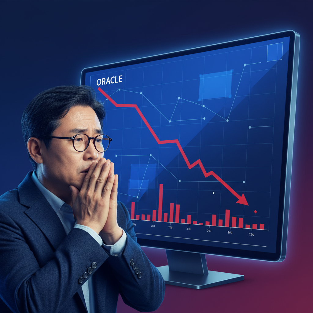 A digital stock chart displaying a sharp decline for Oracle, with a worried Korean investor looking at a screen, clean infographic style, high contrast, blue and red color scheme, colored background, no text
